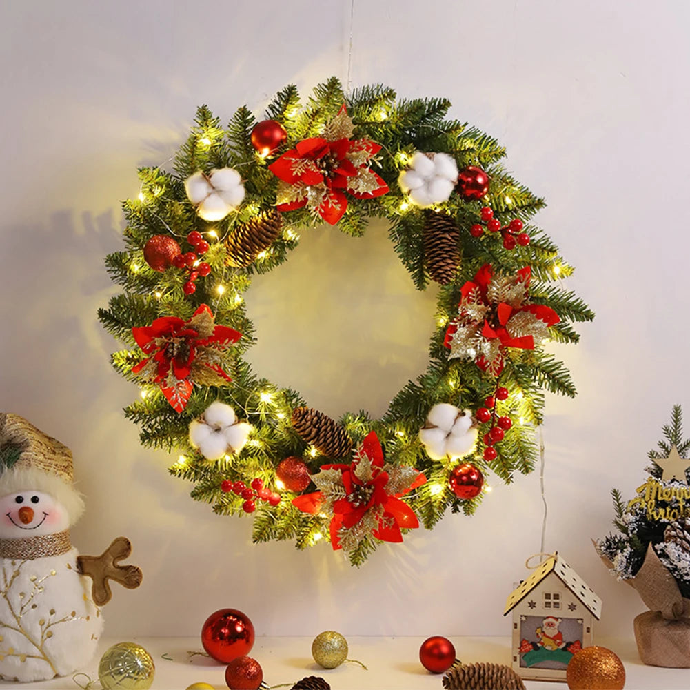 2025 Christmas Wreath with LED PVC Berry Ball Christmas Wreath Window Door Wall Ornament Decorations Home Halloween Decor Gifts