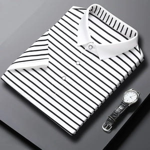 2026 Men's New Striped Cotton Business Casual Short Sleeved POLO Shirt Fashion Short Sleeved Comfortable and Breathable Top