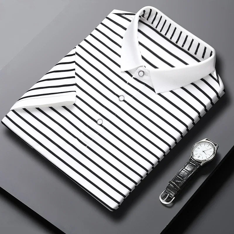 2026 Men's New Striped Cotton Business Casual Short Sleeved POLO Shirt Fashion Short Sleeved Comfortable and Breathable Top