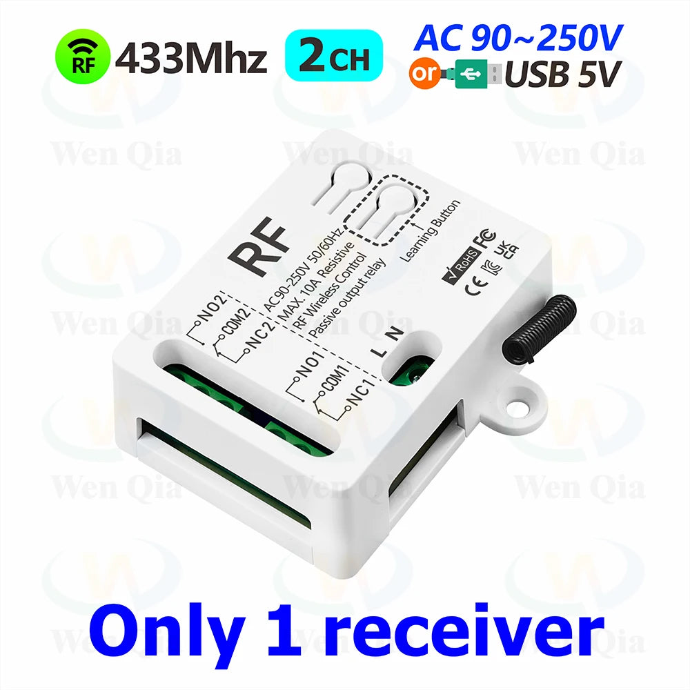 433MHz Universal Wireless Remote Control Switch 2 CH,AC 110V 220V RF Relay Receiver,for Light/Fan/Motor/Garage Door Opener etc