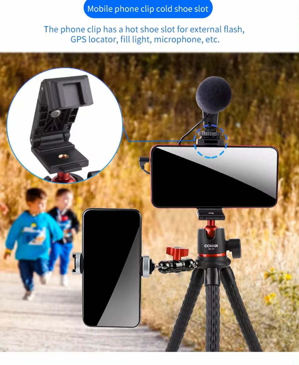 COMAN MT-35 Flexible Camera Tripod Hidden Phone Tripod Mount With Cold Shoe Smartphone DSLR Tripod For iPhone 15 Pro Max Samsung