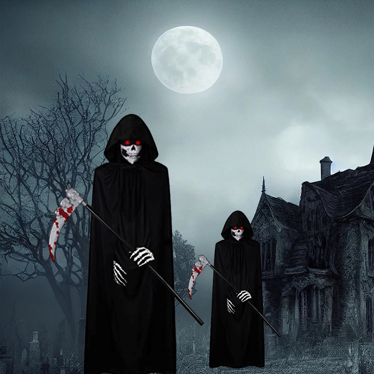 Horror Halloween Grim Reaper Hooded Cloak Skull Scarf Night Glow Gloves Ghost Head Scythe Adult Kids Scary Halloween Decorations