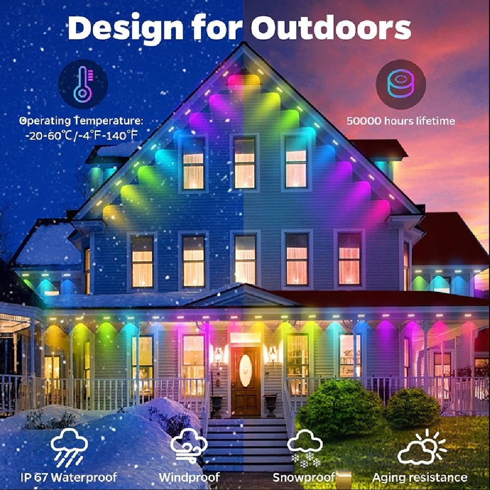 196FT/147FT/98FT/49FT Permanent Outdoor Lights RGB+IC Smart Christmas Lights String Waterproof for New Year Holiday Decorations