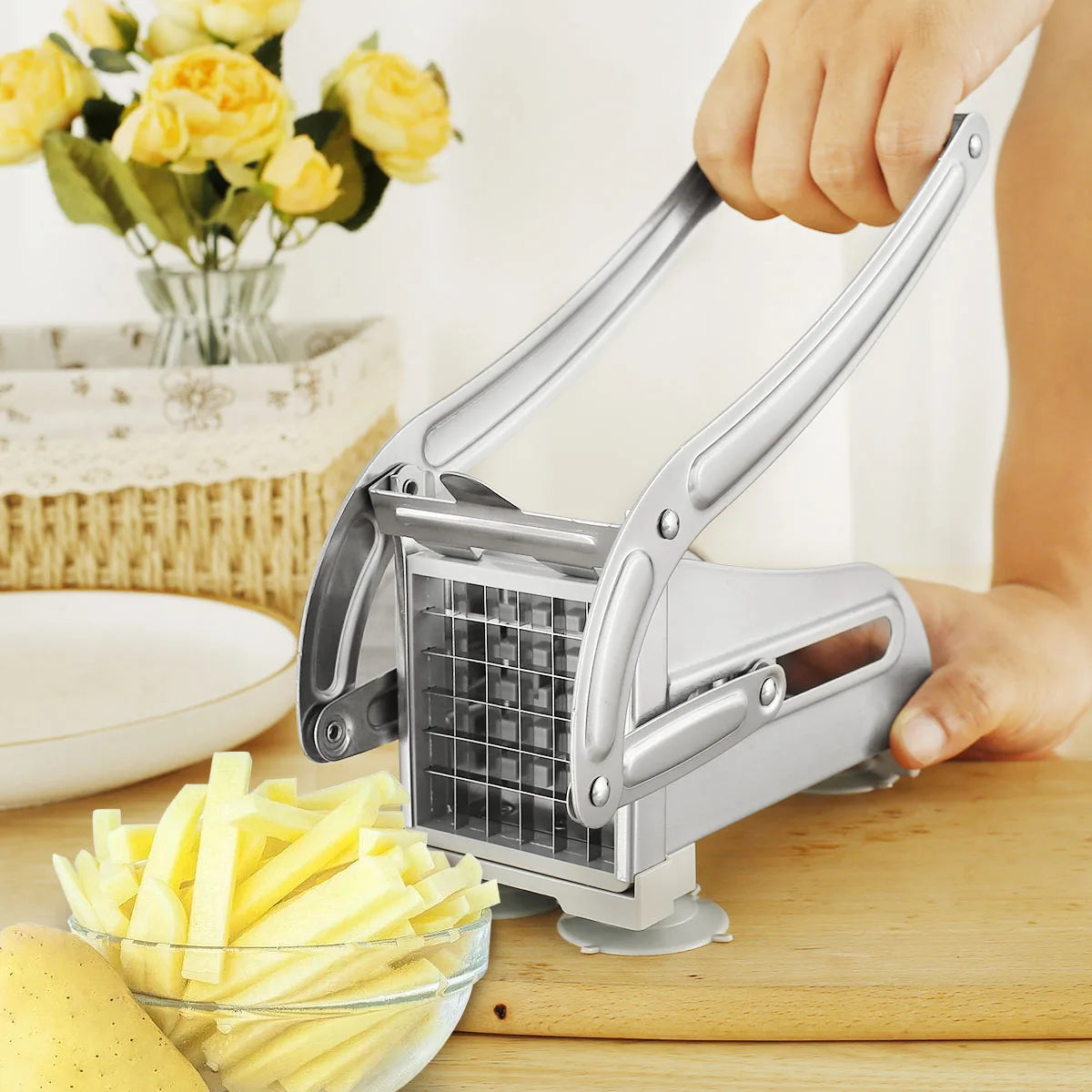 French Fry Cutter Stainless Steel Potato Chipper Blades Manual Food Slicer Dicer Multifunction Vegetable Fruit Onion Chipper - You Offer