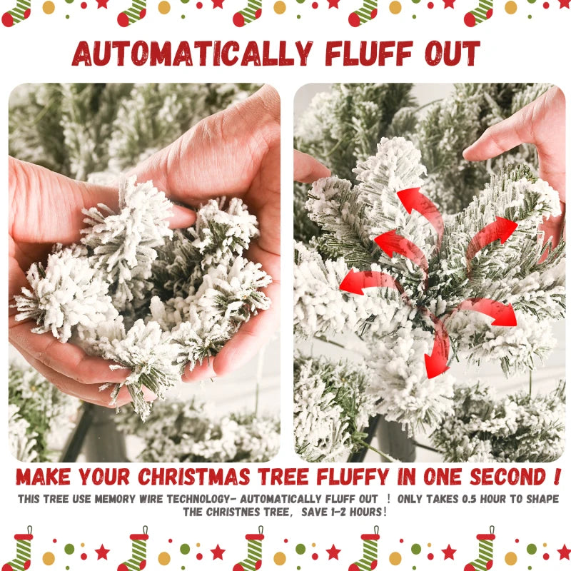 8FT Flocked Christmas Tree with 1445 Tips – Snowy PVC & Hard Needle Branches, Hinged Structure for Easy Setup, Stable Metal Stan