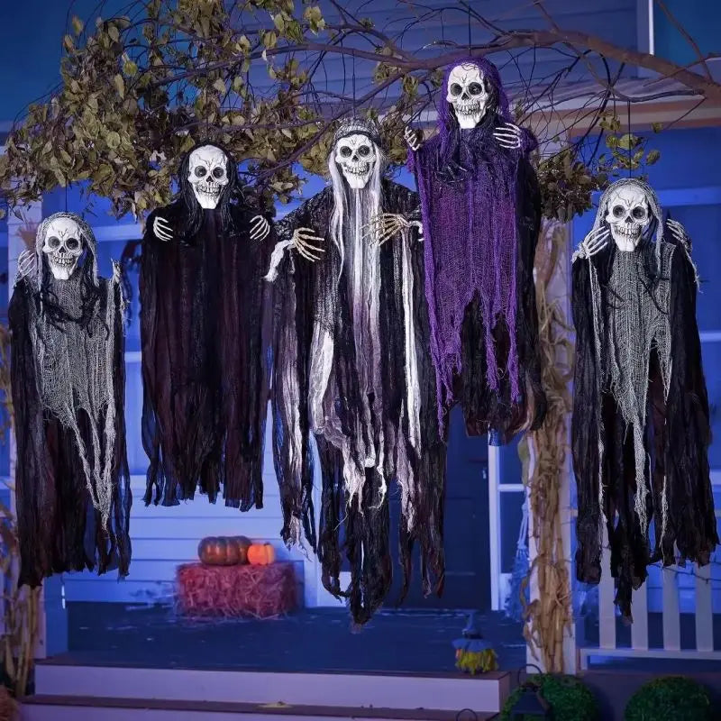 Hanging Halloween SkeletonGhosts Decorations Grim Reapers for Halloween Outdoor Halloween Sound Control Light Up Ghost