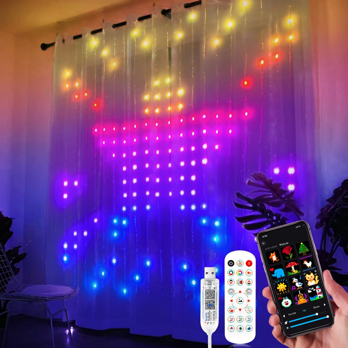 Smart Curtain USB RGB Christmas Fairy Lights 400LEDs Music Mode Programmable Bluetooth App Control LED String DIY Text Pattern
