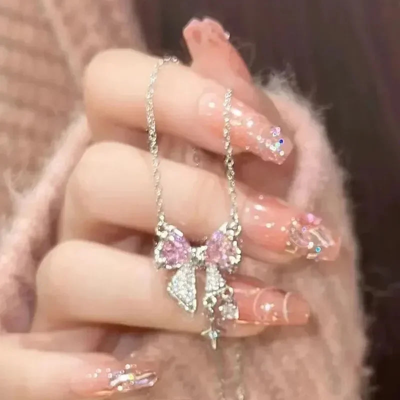 Fashion Fairy Pink Crystal Bow Knot Pendant Necklaces Y2K Girls Sweet Rhinestone Heart Clavicle Chain Women Jewelry Gifts - You Offer