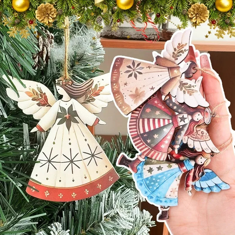 4/40pcs Christmas Tree Hanging Pendant Angels Doll Pendant Wooden Angels Decorations for Christmas Party New Year Wedding Decor