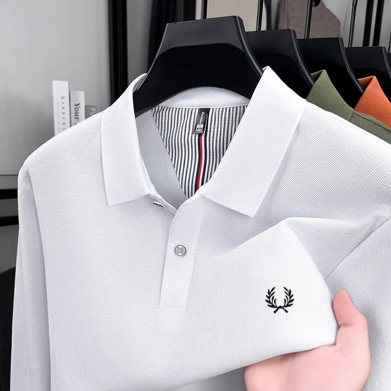100% pure cotton autumn and winter highend men POLO shirt fashion brand embroidered wheat business casual lapel long sleeved top