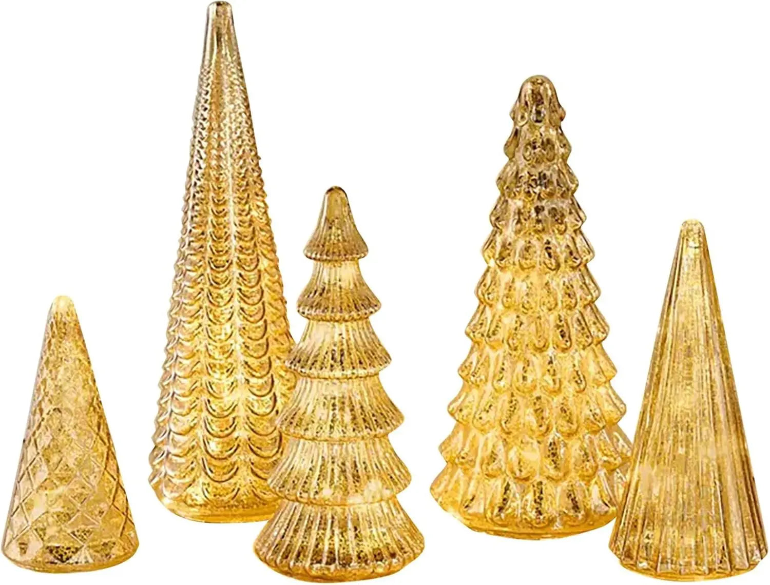 Set of 5 Illuminated Mercury Glass Trees, Upgrade Christmas Trees LED, Gold Tree Figurine for Home Party Mantel Decor Xmas Gift