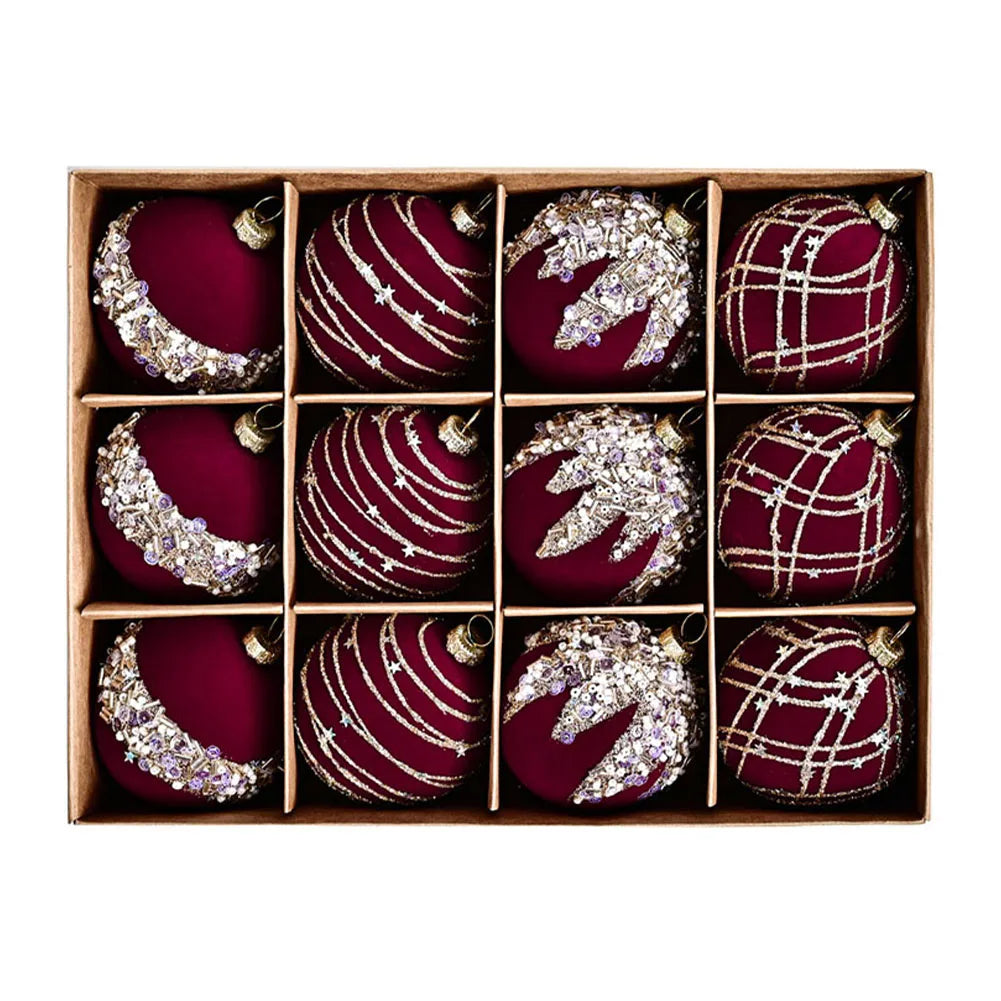 6CM 12PCS Premium Flocking Velvet Diamond Sequin Christmas Ball Window Hanging Home Christmas Decoration