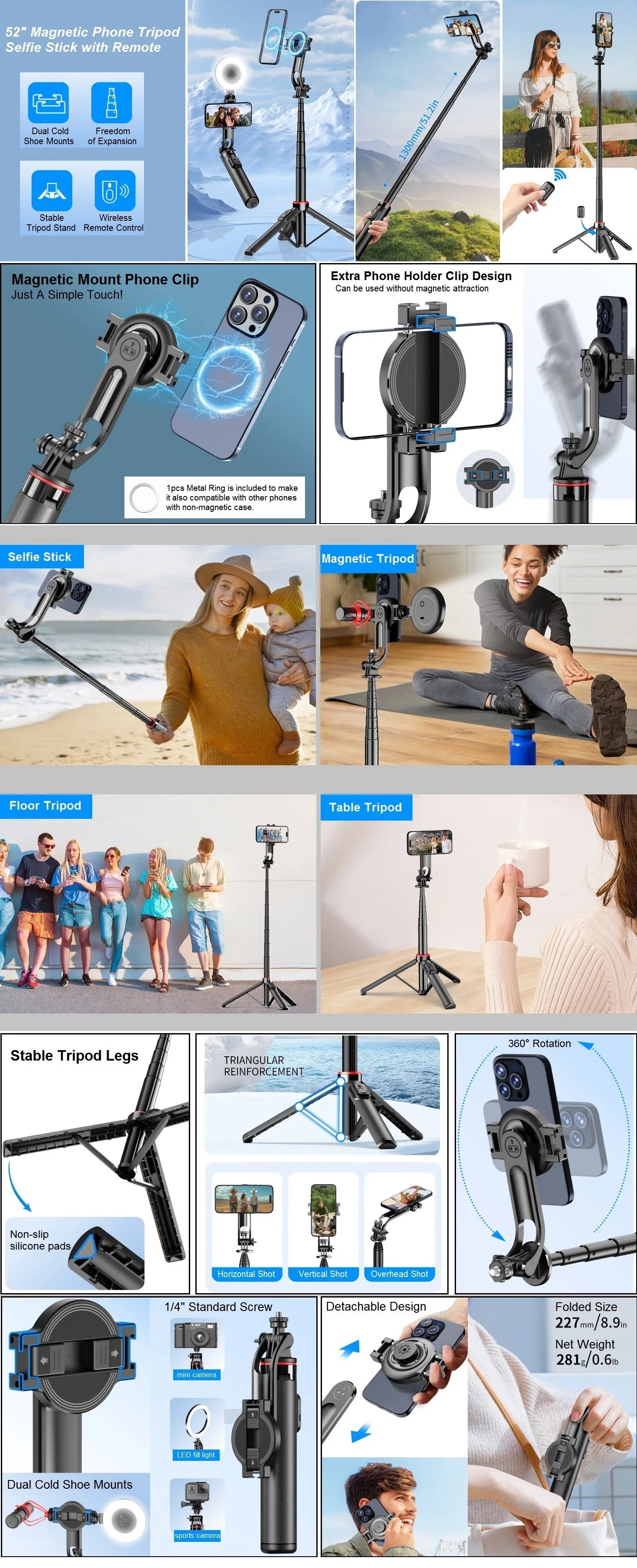 Magnetic Selfie Stick for iPhone Phone Camera 51" Extendable Magsafe Tripod Selfie Stick with Remote for Travel Vlog Videos
