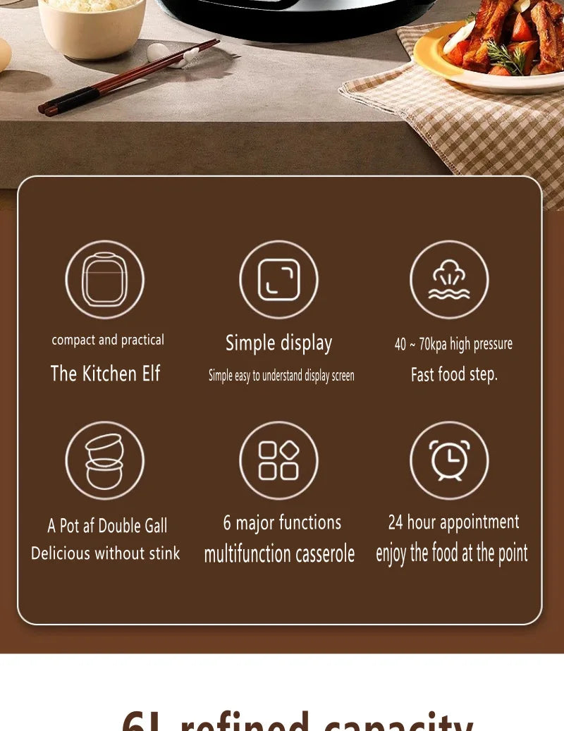 Electric Pressure Cooker 6L Large Capacity Household Multifunctional Electric Rice Cooker Intelligent Booking 3-step Timer Gears - You Offer