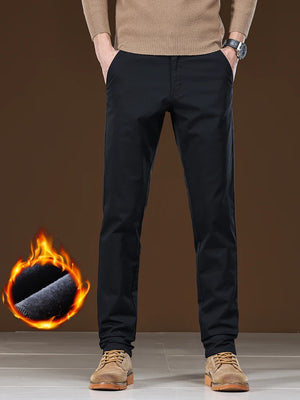 Winter Fleece Men's Casual Pants Business Straight Thick Warmth Fashion Velvet Trousers Classic Solid Color Slim Plush Pants