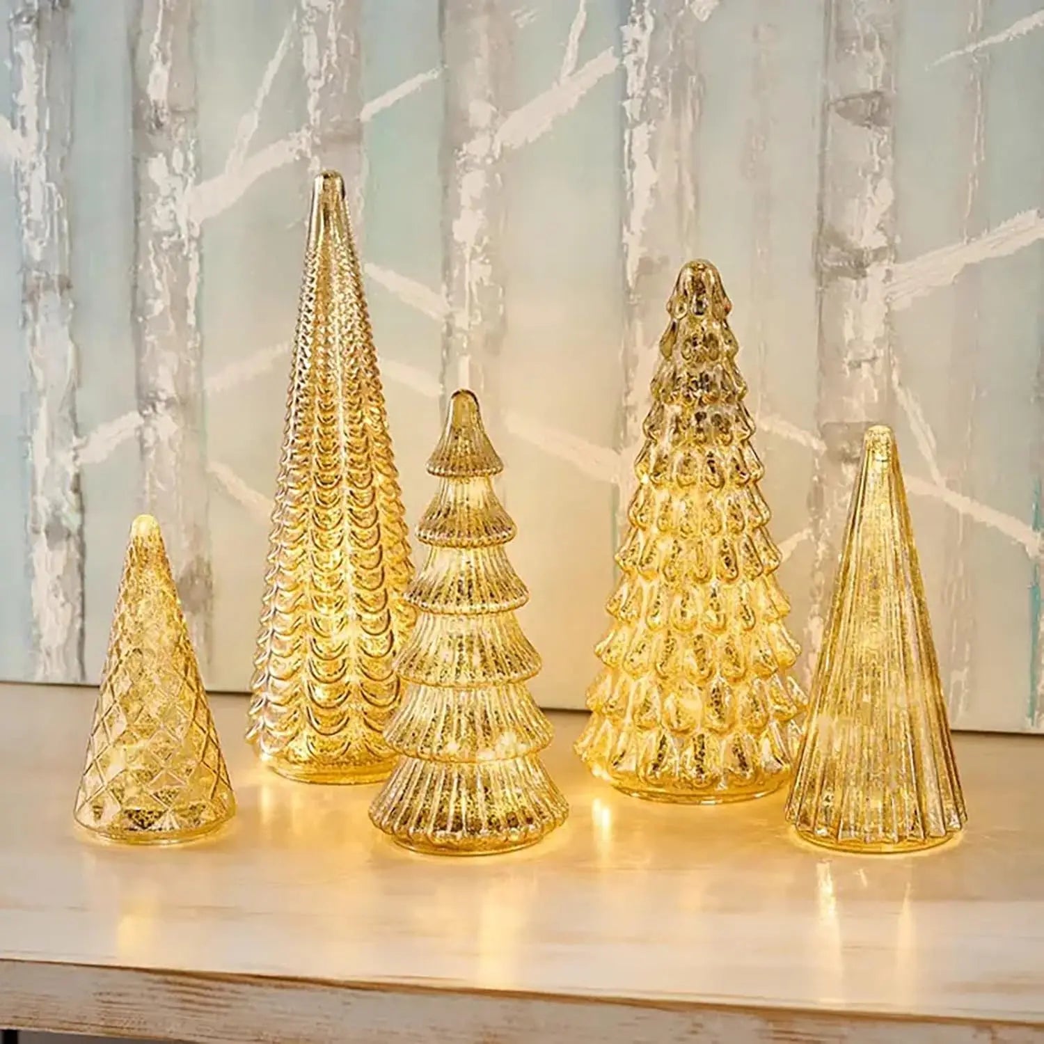 Set of 5 Illuminated Mercury Glass Trees, Upgrade Christmas Trees LED, Gold Tree Figurine for Home Party Mantel Decor Xmas Gift