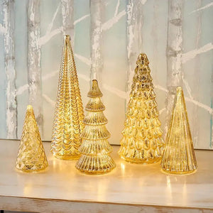 Set of 5 Illuminated Mercury Glass Trees, Upgrade Christmas Trees LED, Gold Tree Figurine for Home Party Mantel Decor Xmas Gift
