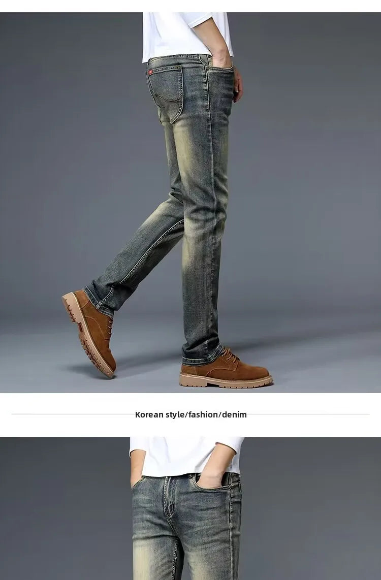 High-End Retro Men's Slim Fit Straight Leg Stretchy Faionable Jeans Spring Autumn Long Trousers Cotton Stretch Denim mid Wa...