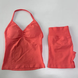 2 sets of sportswear, peach-bottomed shorts set, drawstring top, seamless impact tight shorts, yoga outfit, fitness set