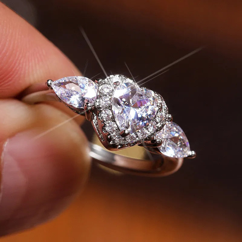 925 Sterling Silver Heart Rings Women Inlaid Dazzling Cubic Zirconia Elegant Wedding Accessories Daily Wearable Trendy Jewelry - You Offer