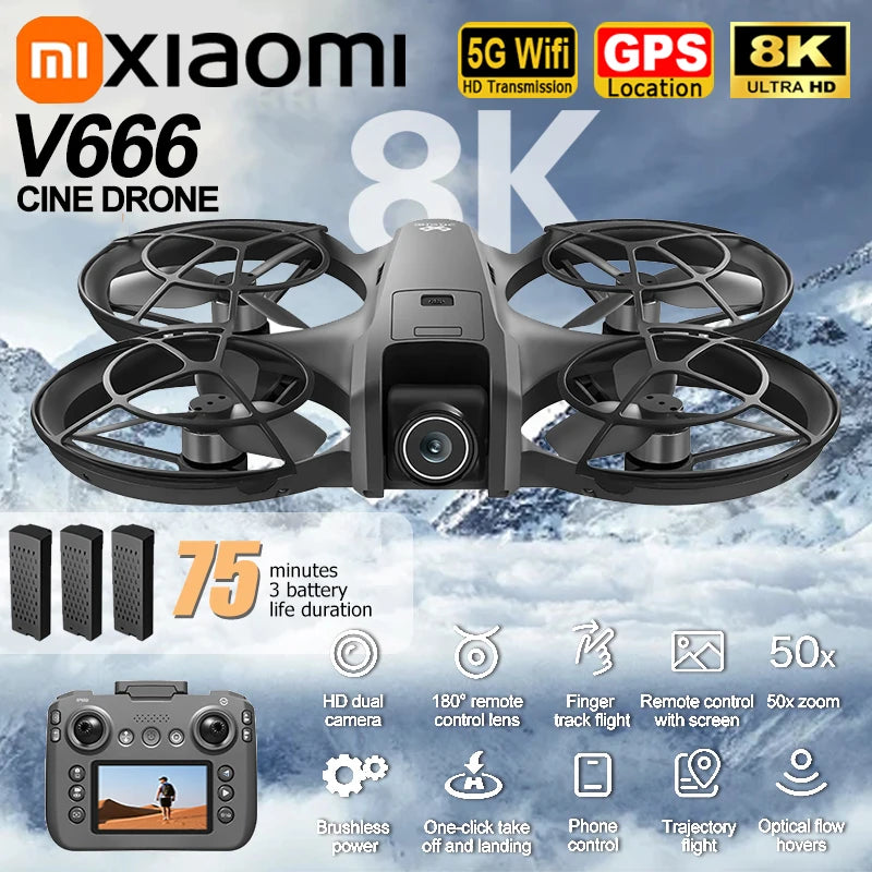 Xiaomi V666 Mini Aerial Tracker UAV 8K HD Foldable Intelligent Obstacle Avoidance Screen Remote Control Brushless Motor GPS UAV