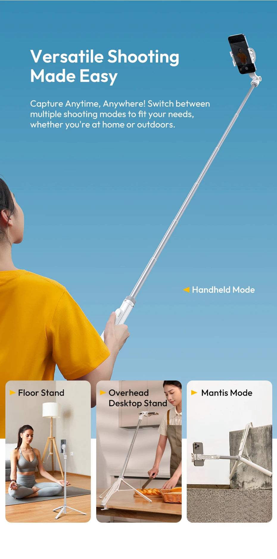 Ulanzi TT88 Overhead Selfie Stick Wireless Tripod Magsafe&Phone Clip for iPhone 16 15 14 13Android with Hook for Overhead Shoot