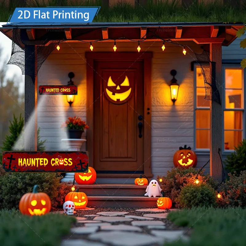 1pc 8x12inch Metal Sign Haunted Cross Halloween Sign - Spooky Pumpkin & Bat Decor for Yard