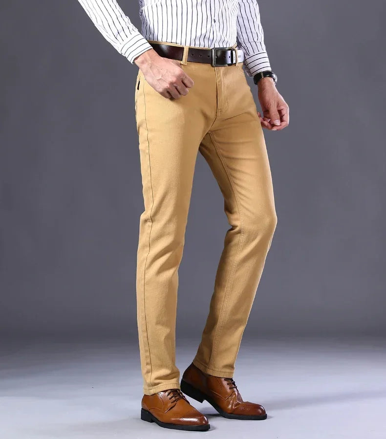 Men's Jeans Pure White Fashion Elastic Slim Youth Slimming Straight Leg Male Pants Business Casual Middle Age High End Trousers - You Offer