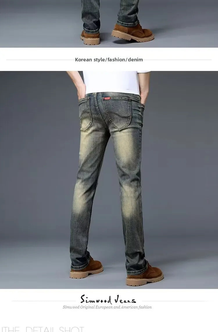 High-End Retro Men's Slim Fit Straight Leg Stretchy Faionable Jeans Spring Autumn Long Trousers Cotton Stretch Denim mid Wa...