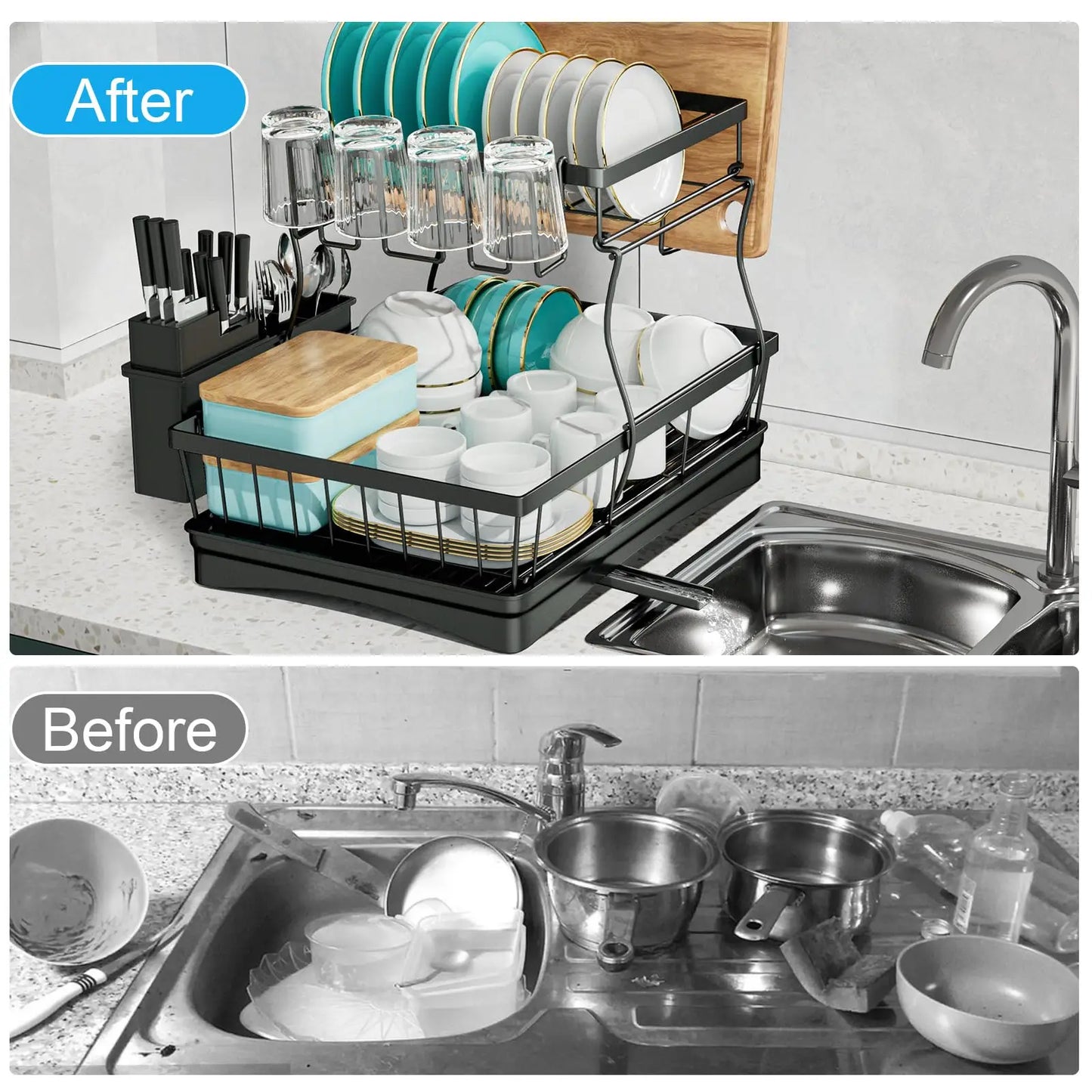 Large 2-tier dish drying rack for kitchen countertops, removable large-capacity dish draining rack - You Offer
