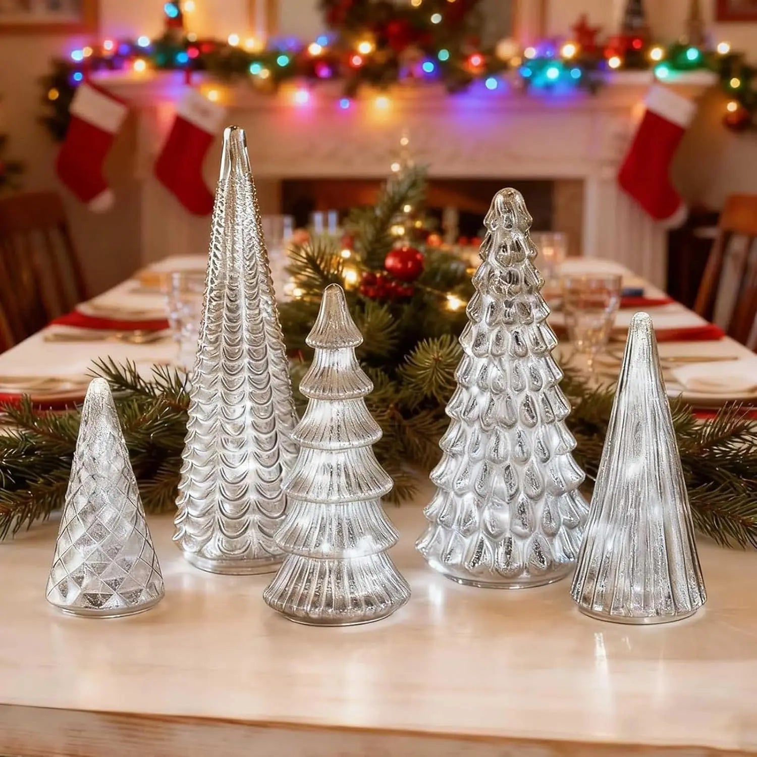 Set of 5 Illuminated Mercury Glass Trees, Upgrade Christmas Trees LED, Gold Tree Figurine for Home Party Mantel Decor Xmas Gift