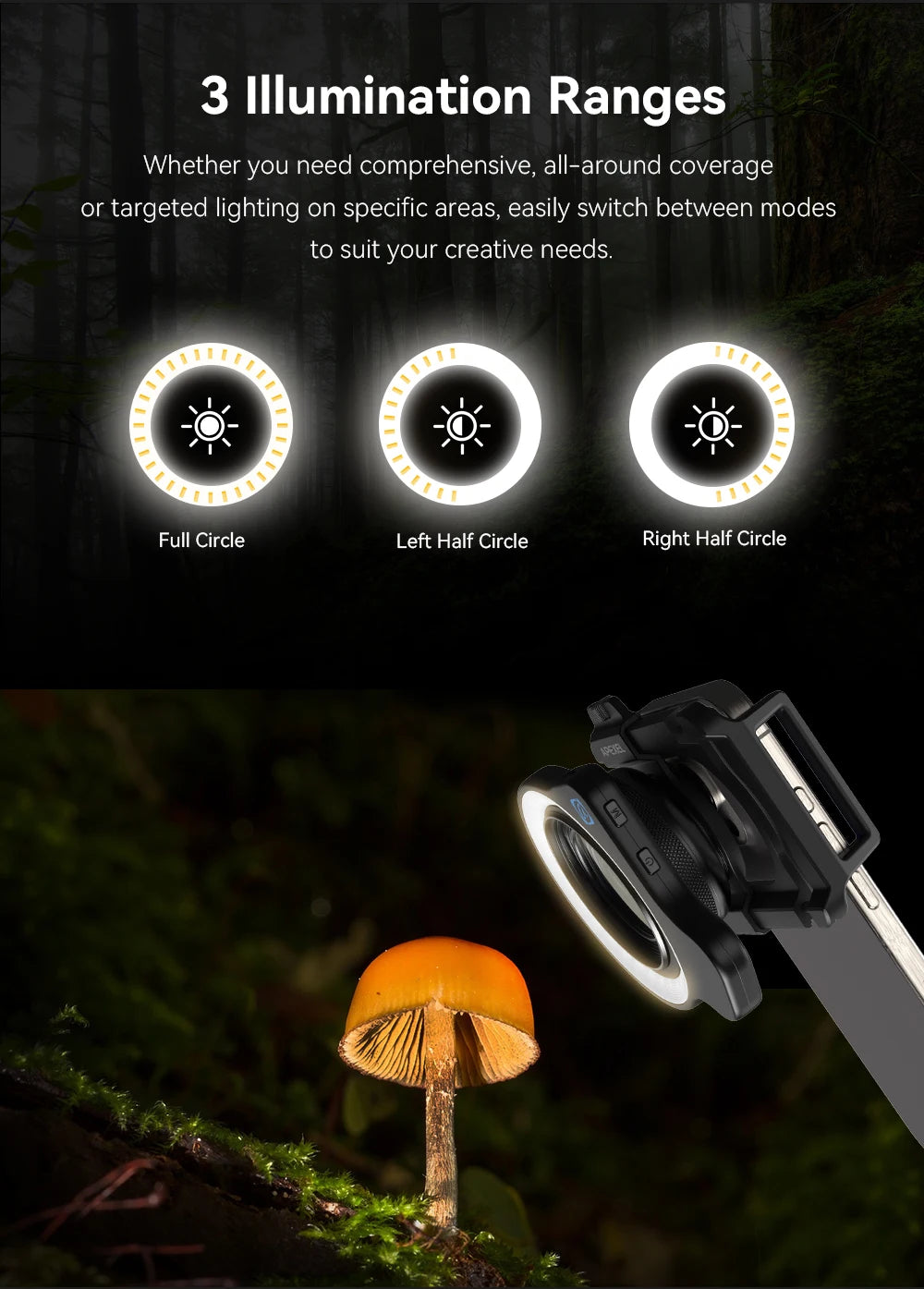APEXEL 37mm 52mm Thread Macro Lens Fill Light,  Camera Lens Ring Light with High Power+45 Light Modes for APEXEL Macro lenses