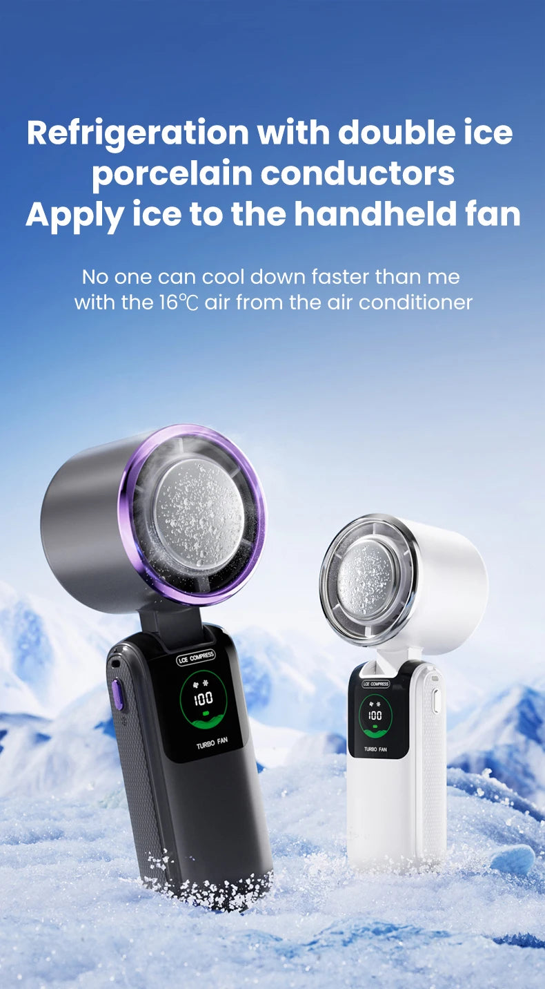2025 New Ice Pack High-Speed Handheld Eletirc Fan 100 Speed Adjustable Folding Mini Fan Portable Outdoor Hanging Neck Small Fan