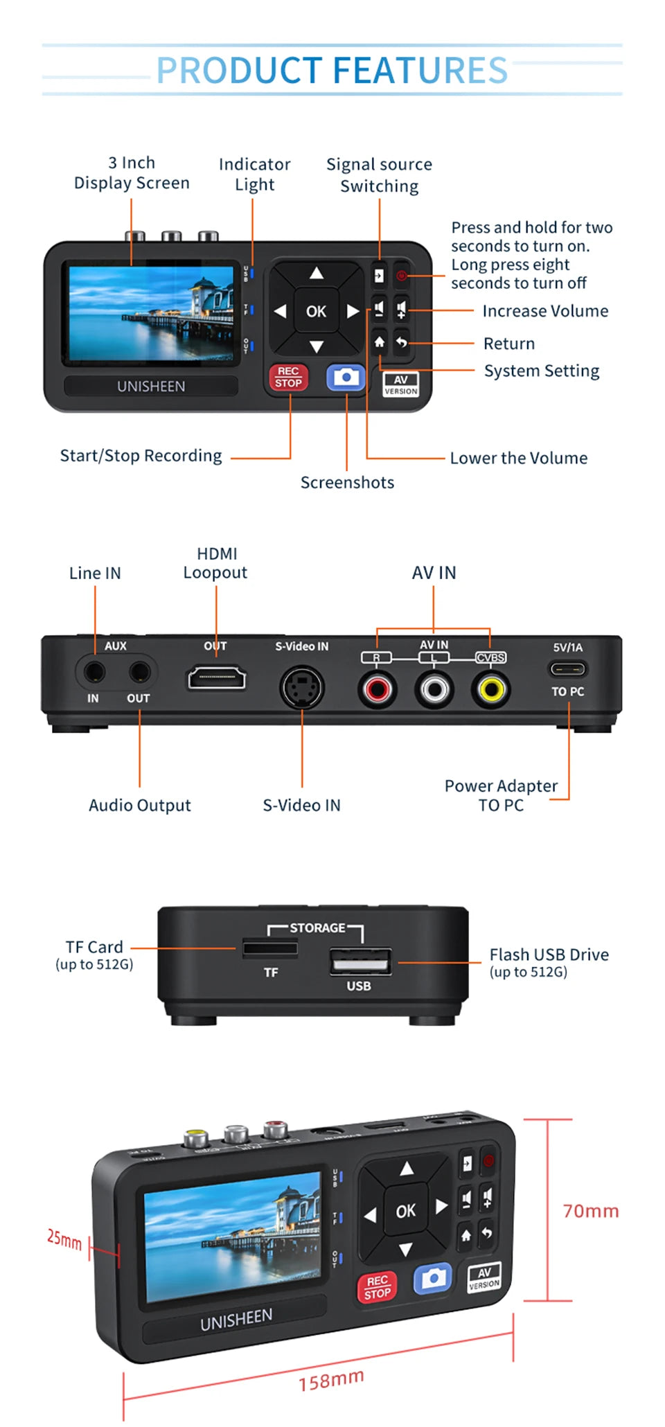 UNISHEEN Old Camcorder Converter Casette MP3 Reel Mini Small VHS Tape to Flash Digital Video Camera Recorder for TV with Monitor