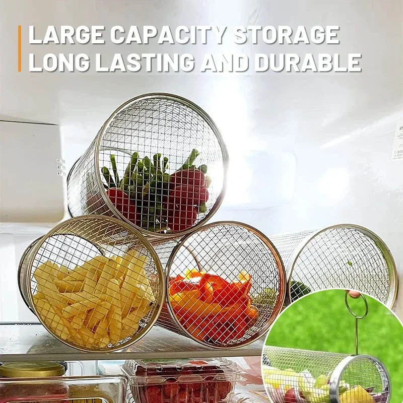 BBQ Basket Stainless Steel Rolling Grilling Basket Wire Mesh Cylinder Grill Basket Portable Round Outdoor Camping Barbecue Rack - You Offer