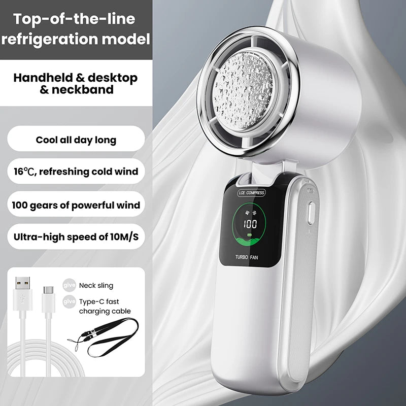 2025 New Ice Pack High-Speed Handheld Eletirc Fan 100 Speed Adjustable Folding Mini Fan Portable Outdoor Hanging Neck Small Fan