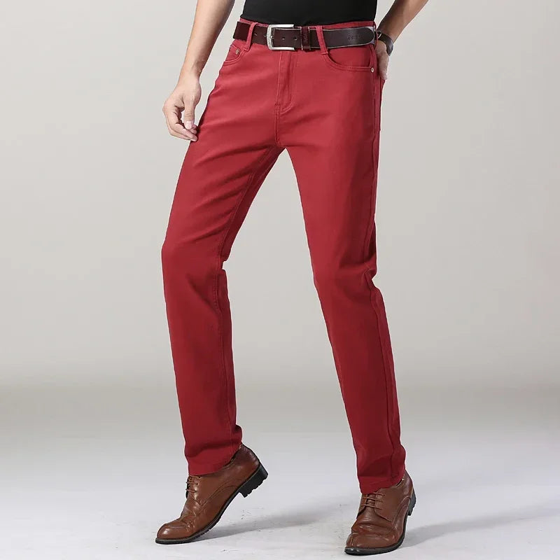 Men's Jeans Pure White Fashion Elastic Slim Youth Slimming Straight Leg Male Pants Business Casual Middle Age High End Trousers - You Offer