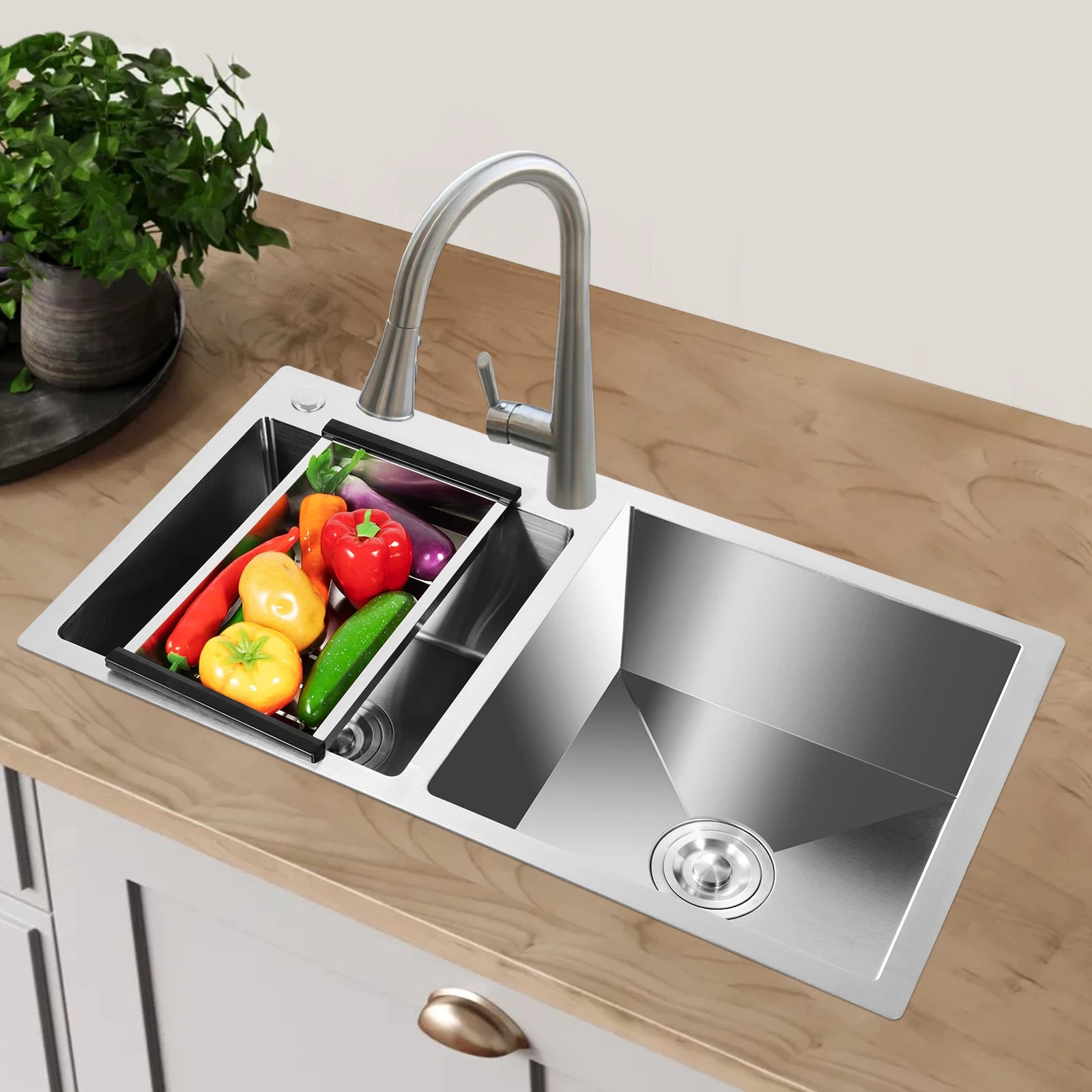 Double Basin Stainless Steel Sink w/ Drainer 30L+23L Capacity 201 Grade, Bathroom Kitchen Accessories Household Items - You Offer