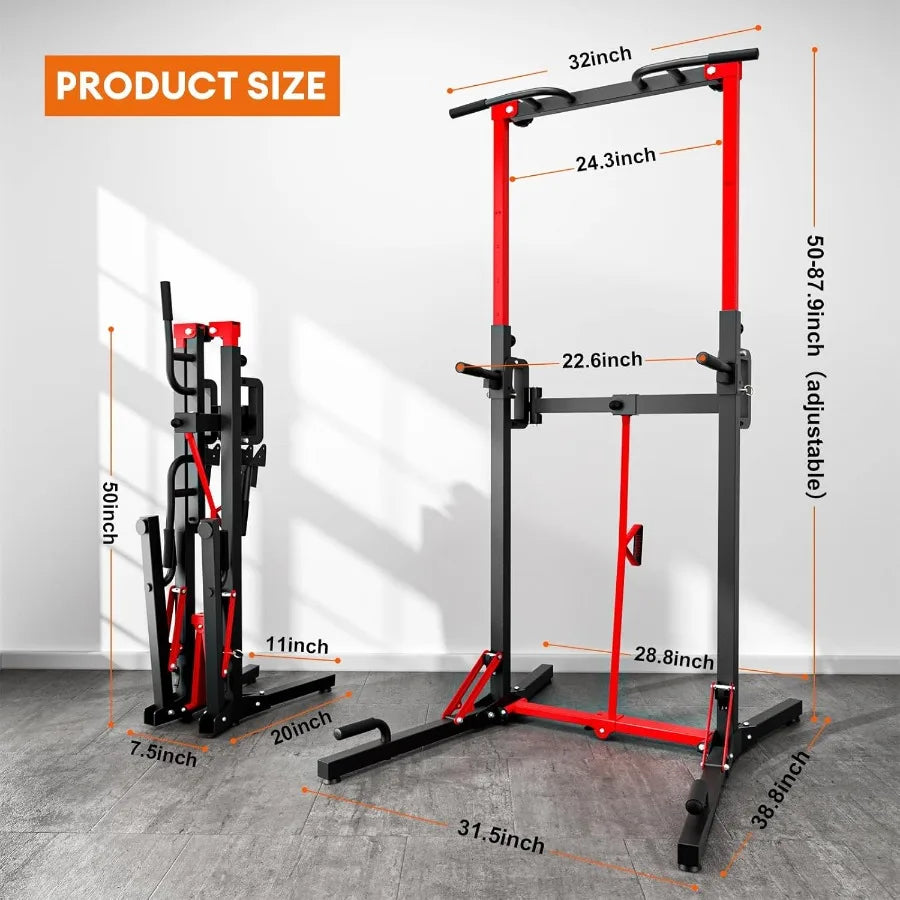 Foldable Power Tower Pull Up Bar Station, Multi-Function Adjustable Height Dip Station for Home Gym Workout, Strength Training F
