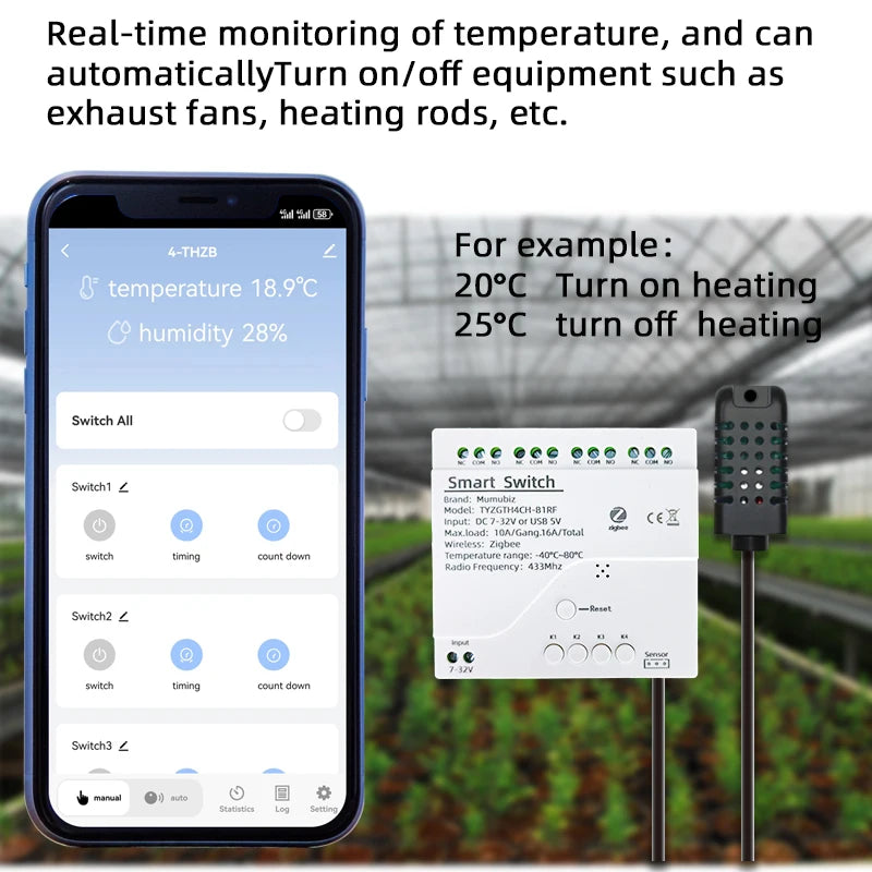 Tuya Smart TH10 Zigbee 4 Channel Switch with Temperature and Humidity Sensor Passive Dry Contact Zigbee Relay Work with Alexa