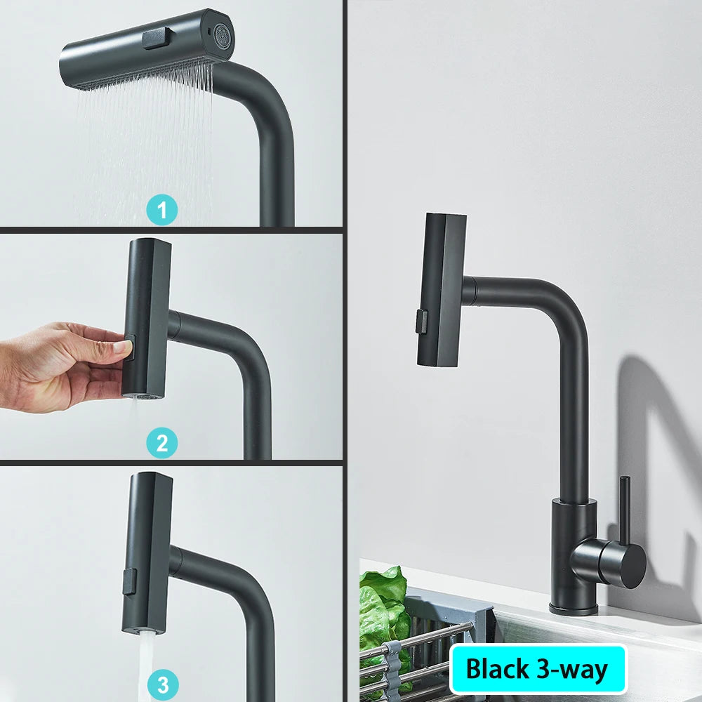 Black Kitchen Faucets Black Pull Out Rotation Waterfall Sprayer Sink Mixer Brushed Nickle Water Tap - You Offer