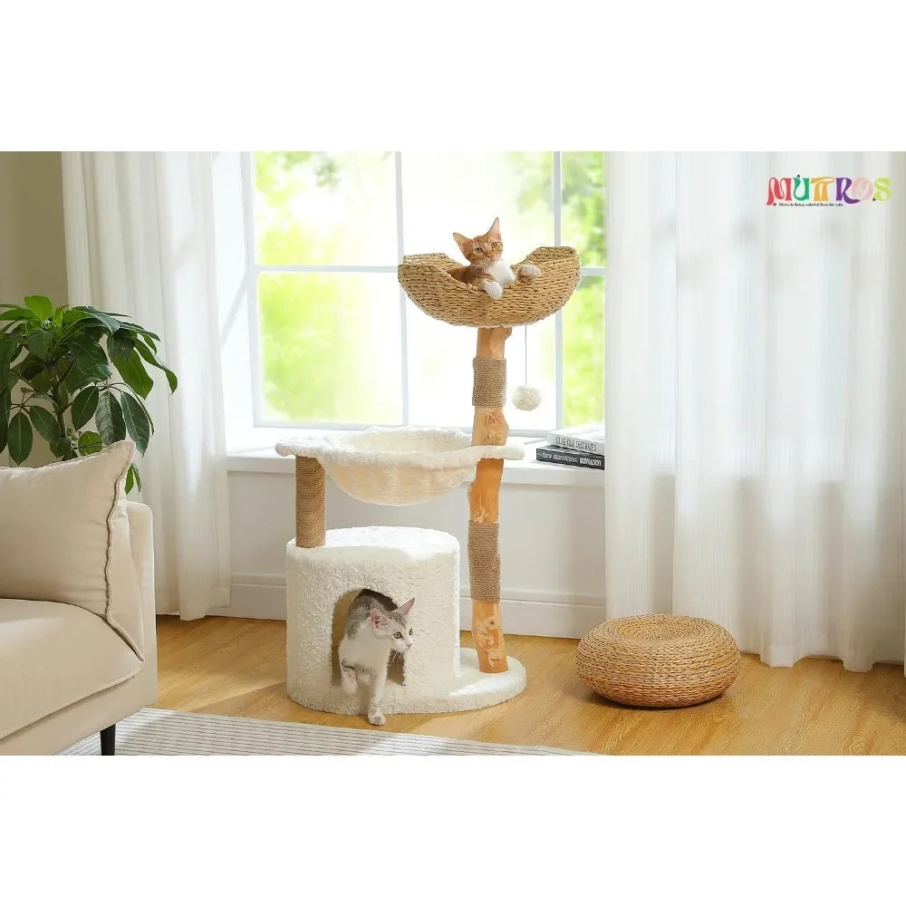 Modern Cat Tree for Large Cats, Wood Cat Tower for Indoor Cats, Real Branch Luxury Cat Furniture with Super Large Cozy Condo