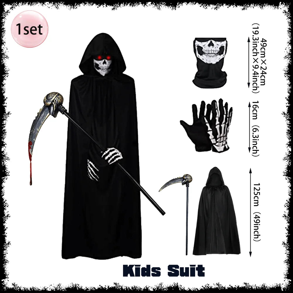 Horror Halloween Grim Reaper Hooded Cloak Skull Scarf Night Glow Gloves Ghost Head Scythe Adult Kids Scary Halloween Decorations