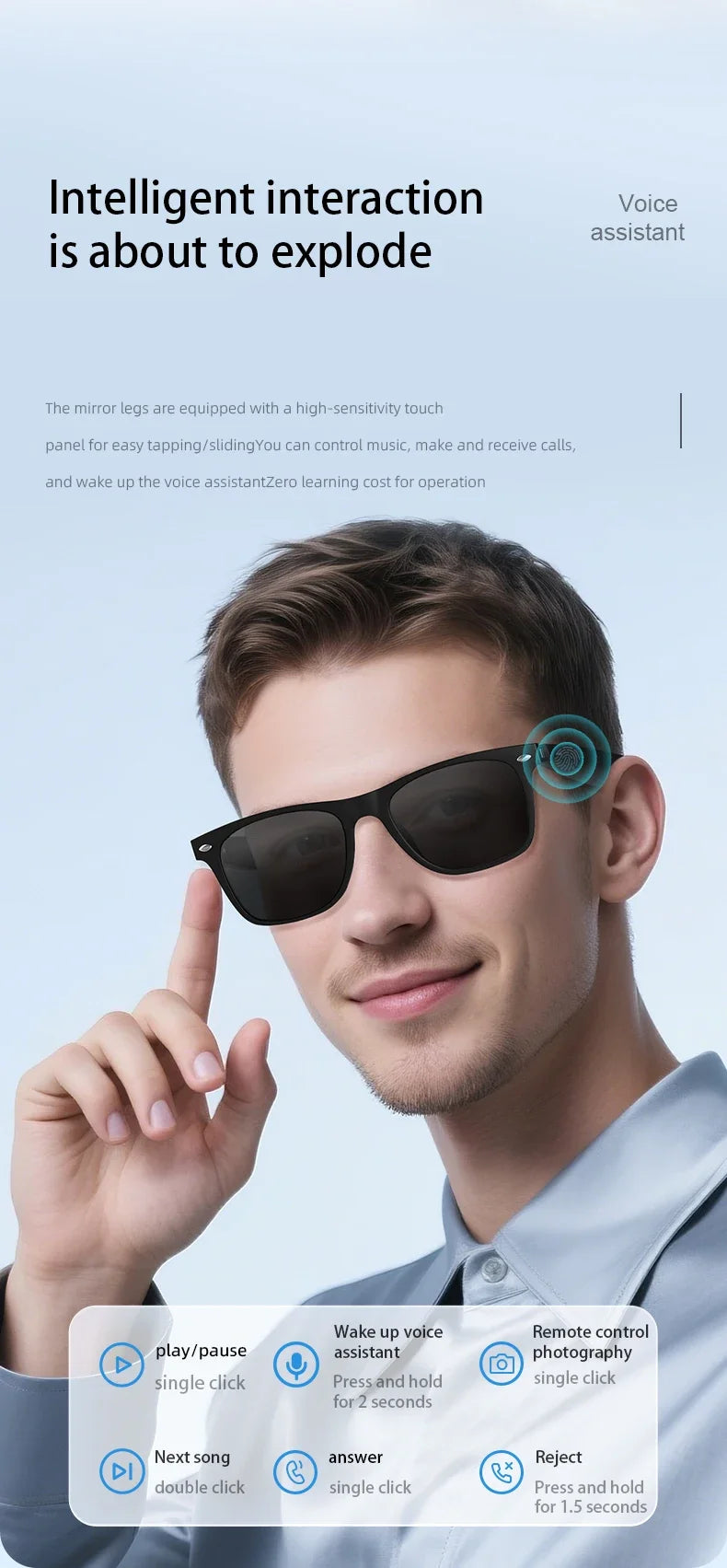 2025 AI Translation Smart Glasses  Bluetooth Call Headphones UV Protective Lenses Connected Bezel Outdoor Sports Sunglasses