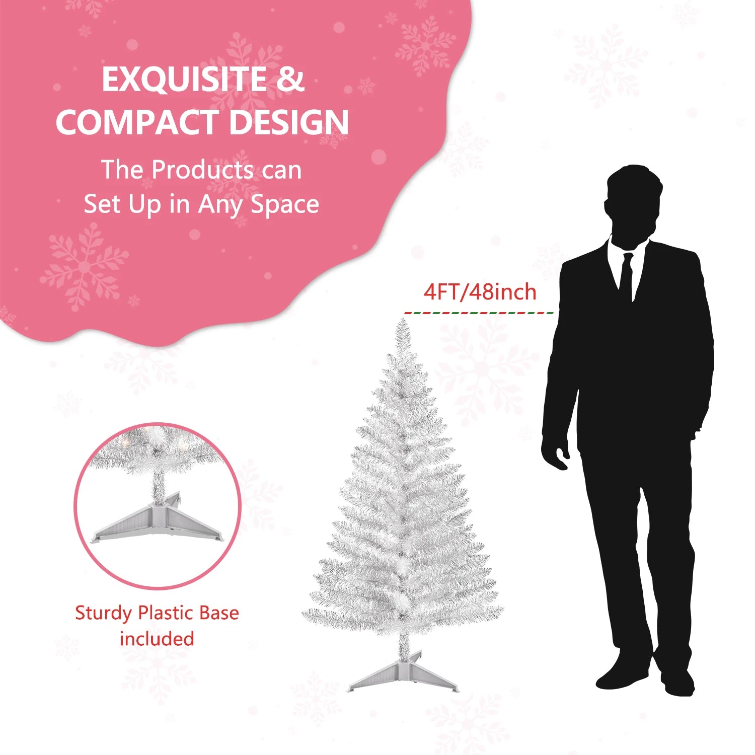 Lixhey 4FT Classic Silver Tinsel Christmas Tree Easy Assemble with Stable Stand, for Holiday Home Setup