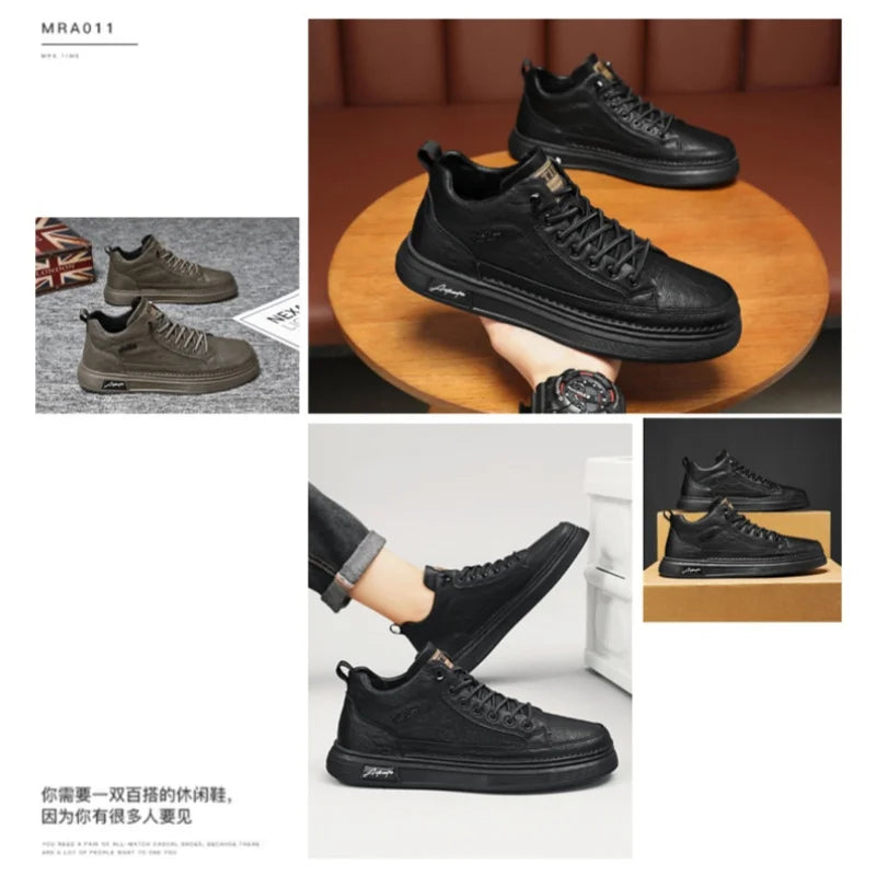 British Leather Men's Casual Shoes Breathable Trendy Handmade Shoes Platform Breathable Shoes Male Walking Shoes Men Black Shoes
