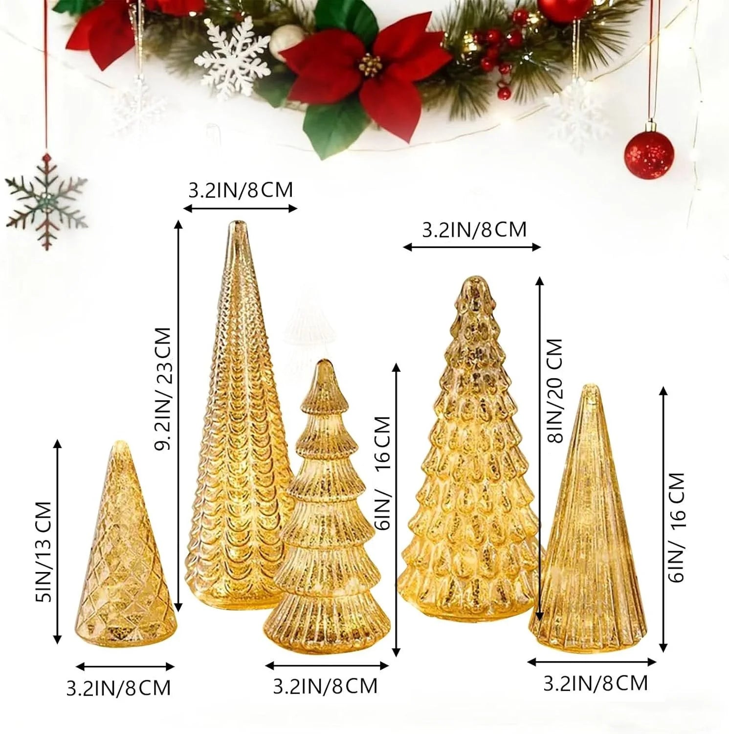 Set of 5 Illuminated Mercury Glass Trees, Upgrade Christmas Trees LED, Gold Tree Figurine for Home Party Mantel Decor Xmas Gift