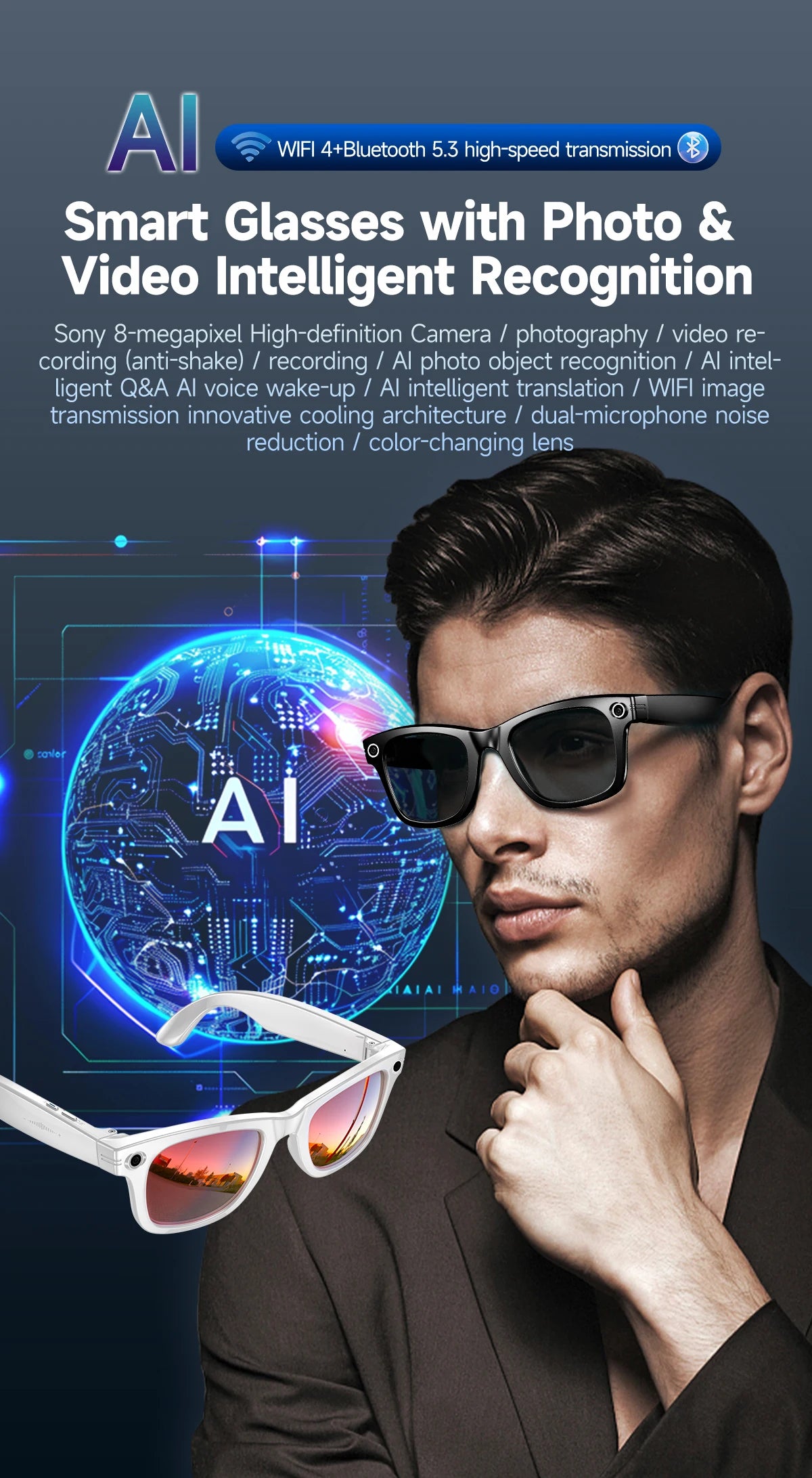 2025 AI Smart Glasses with 8MP Camera Video Recording 100+ Languages Translation Sunglasses Bluetooth Call Music Play Men Women