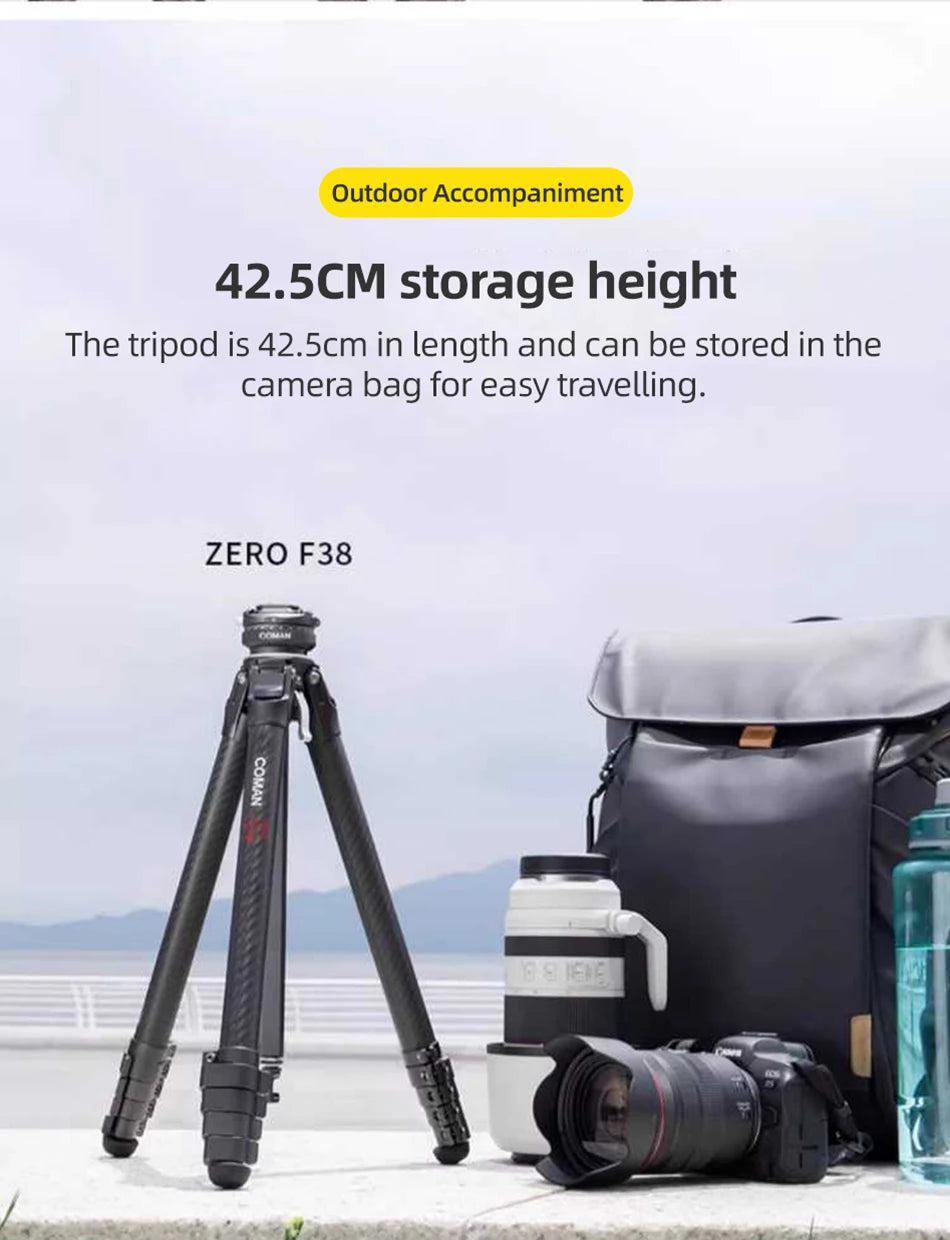COMAN Zero F38 Carbon Fiber Travel Tripod Lightweight Professional Dslr Camera Tripod For Film making Smartphone Maxload 39.6lbs