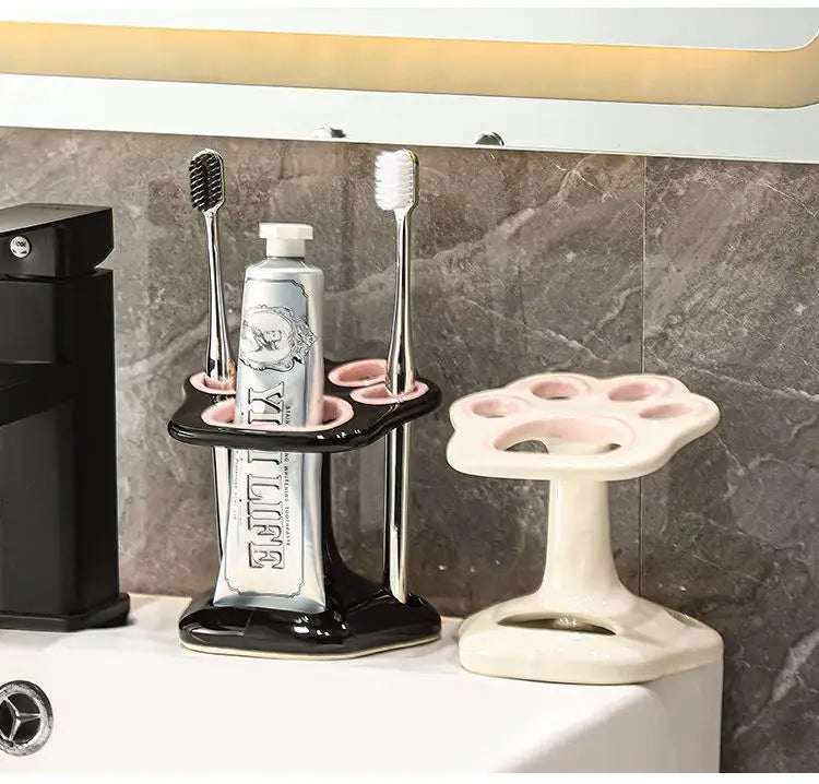 Cat Paw Shape Ceramic Toothbrush Holder Cute No Punching Toothbrush Holder Base Makeup Brush Storage Bathroom Accessories Tool